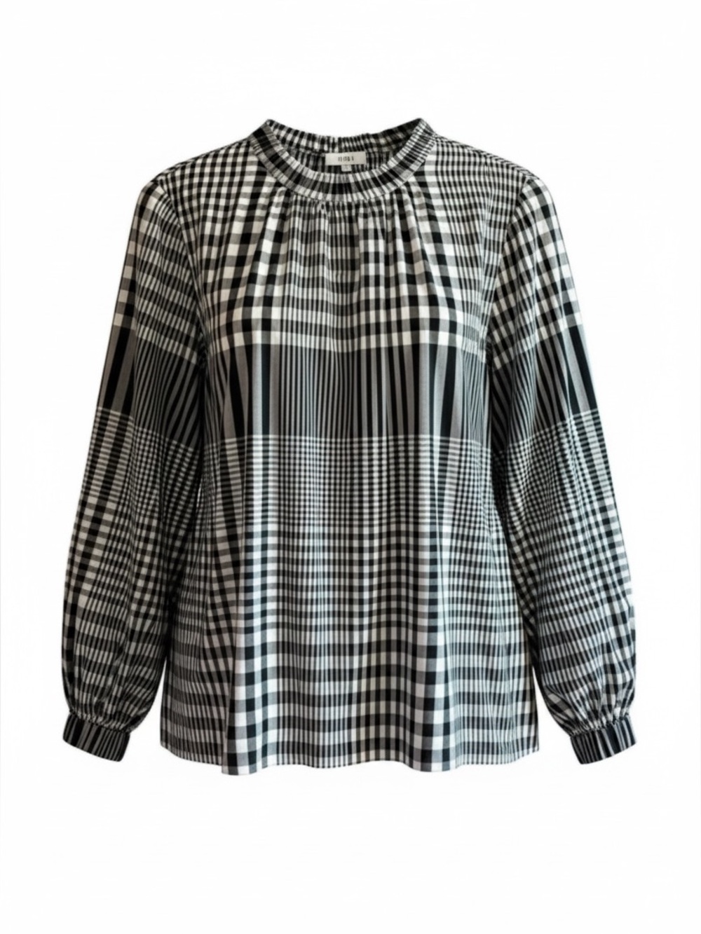 Tibi Black and White Gingham Mixed-Scale High Neck Back Tie Blouse Size 8